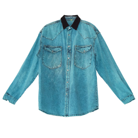 VINTAGE "LEATHER COLLAR" BLUE TURQUOISE DENIM SHIRT